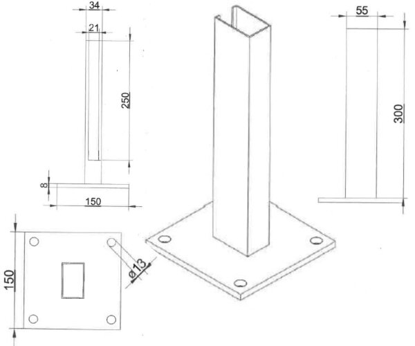 Bodenplatte Adapter 4-loch 150x150x8mm RAL6005 grün für Zaunpfosten